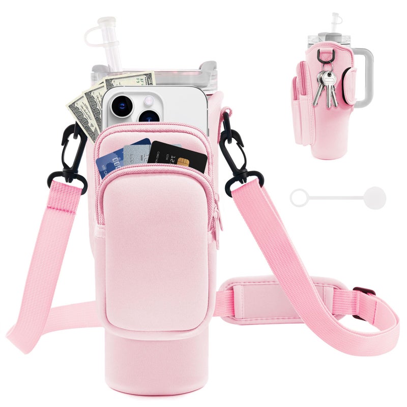 JEBEALUO JEBEALUO Water Bottle Carrier Bag with Phone Pocket for Stanley Cup 40/30 oz, Water Bottle Holder with Adjustable Strap& Straw Cover, Stanley Cup Accessories (Pink)  - Image 1