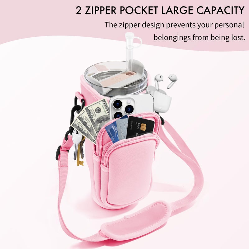 JEBEALUO JEBEALUO Water Bottle Carrier Bag with Phone Pocket for Stanley Cup 40/30 oz, Water Bottle Holder with Adjustable Strap& Straw Cover, Stanley Cup Accessories (Pink)  - Image 4