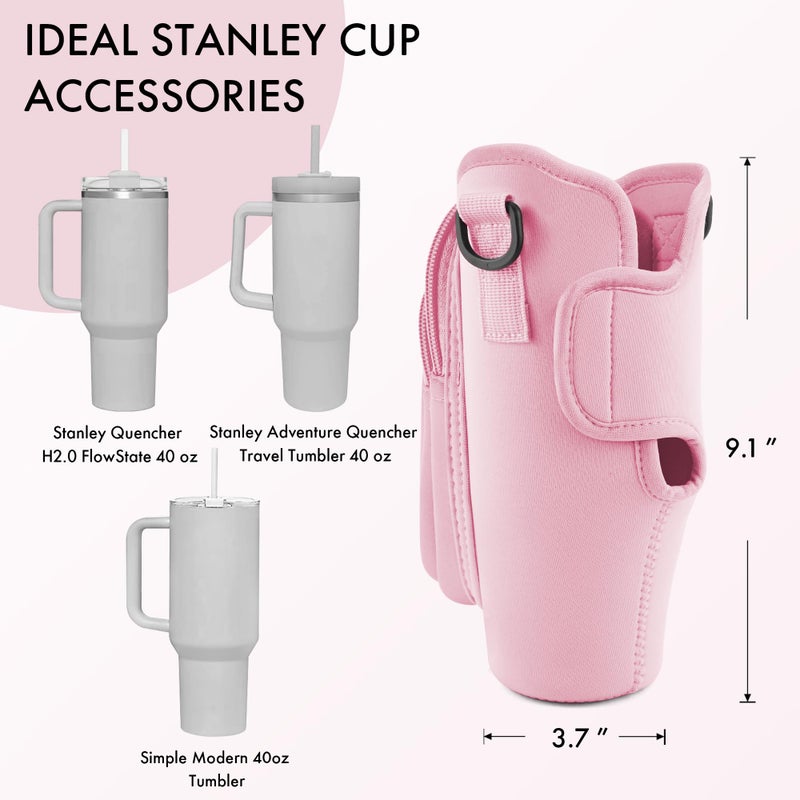 JEBEALUO JEBEALUO Water Bottle Carrier Bag with Phone Pocket for Stanley Cup 40/30 oz, Water Bottle Holder with Adjustable Strap& Straw Cover, Stanley Cup Accessories (Pink)  - Image 3