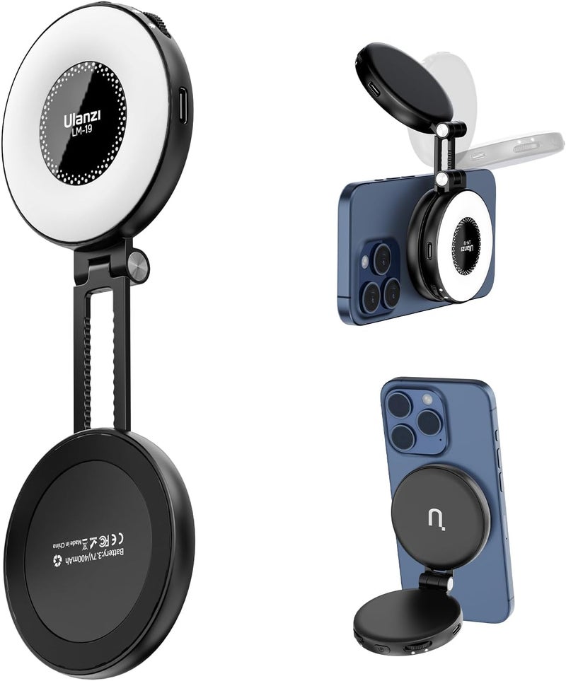 يو يو ريج ضوء تعبئة لملحق ضوء حلقة السيلفي LED المتوافق مع Magsafe، سطوع قابل للتعديل، متوافق مع Magsafe لهاتف iPhone والهواتف الذكية، للمدونات المرئية/التصوير/مؤتمرات الفيديو، اللون أسود - Image 1