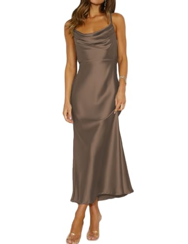 Mogidol Summer Satin Spaghetti Strap Cowl Neck Backless Midi Dresses for Women Elegant Tie Low Back Ruched Cocktail Dress Mocha - Image 1