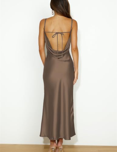 Mogidol Summer Satin Spaghetti Strap Cowl Neck Backless Midi Dresses for Women Elegant Tie Low Back Ruched Cocktail Dress Mocha - Image 2