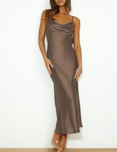 Mogidol Summer Satin Spaghetti Strap Cowl Neck Backless Midi Dresses for Women Elegant Tie Low Back Ruched Cocktail Dress Mocha - Image 4
