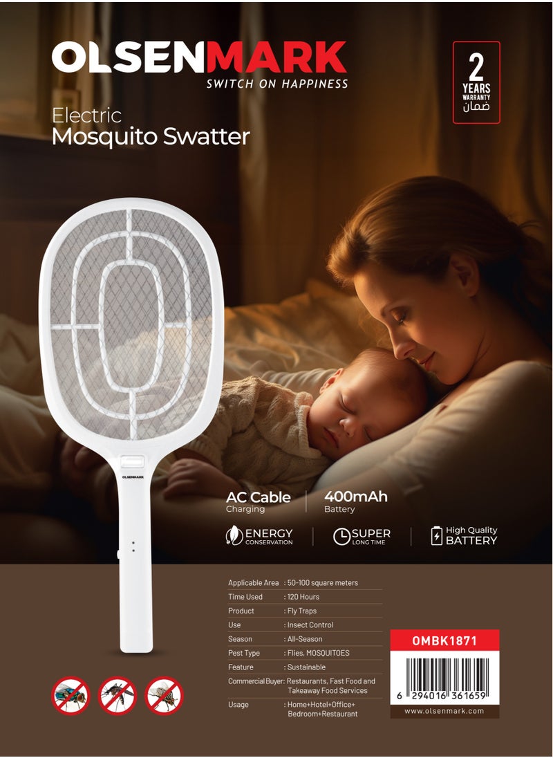 Olsenmark - Olsenmark Electric Mosquito Swatter OMBK1871, Rechargeable Insect killer, Long Life Battery Mosquito bat and High Power, AC Charging, 120 Hours Use, Insect Bat, Handheld bug zapper - Image 1