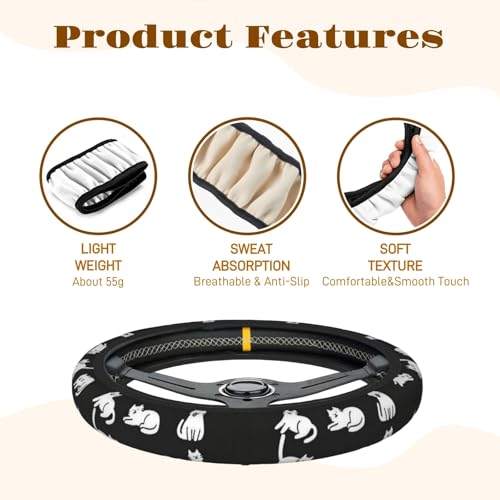 KWSAAHU Steering Wheel Cover Accessories Neoprene Cover, Breathable Non-Slip Easy to Install Suitable for Women Men, 14.5-15.5 Inch for Car SUV Van Truck Universal - Lazy Kitten - Image 3