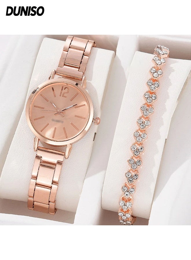 DUNISO 2Pcs Watch Bracelet Set Women's Elegant Business Watch Set Classic Alloy Strap Ladies Watch with Rhinestone Encrusted Bracelet for Lady Female Girls Minimalist Slim Thin Casual Dress Quartz Wrist Watches - Image 1