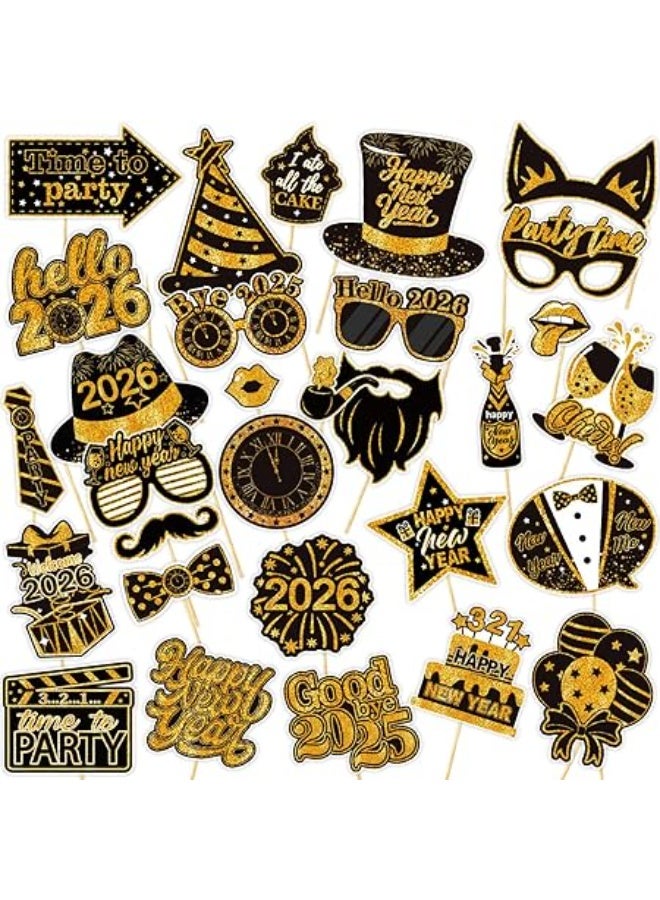 30 Pcs New Years Photo Booth Props 2026 -Color Happy New Year Frame and Party Supplies for Celebratory Eve(Gold)