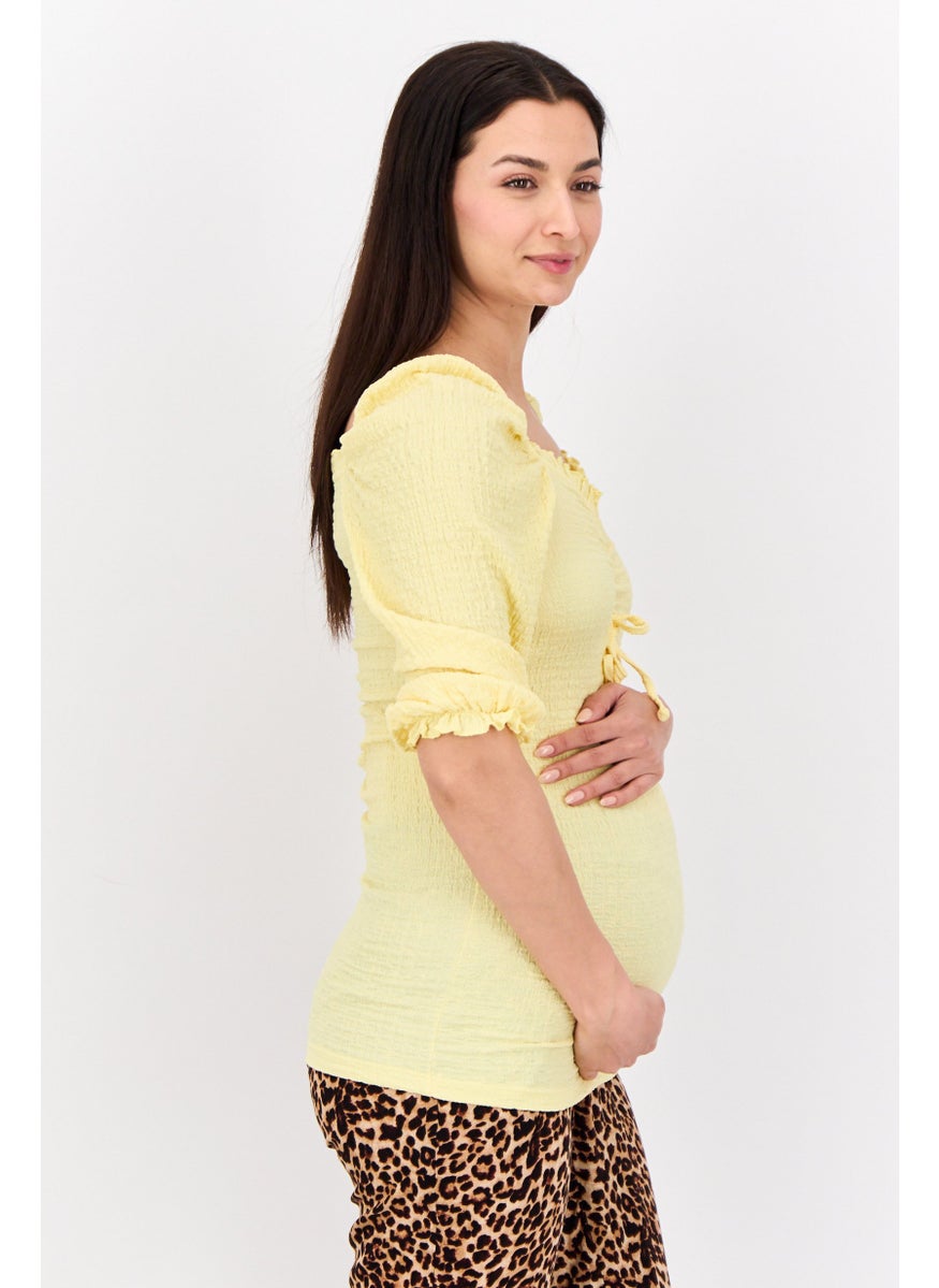 Mamalicious Maternity Square Neck 3/4 Sleeves Textured Blouse, Pale Yellow  - Image 2