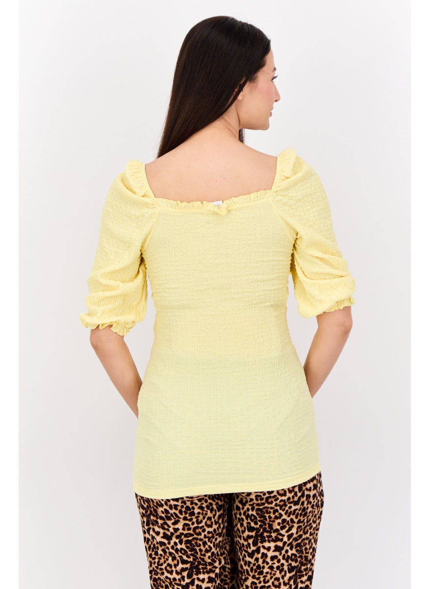 Mamalicious Maternity Square Neck 3/4 Sleeves Textured Blouse, Pale Yellow  - Image 3