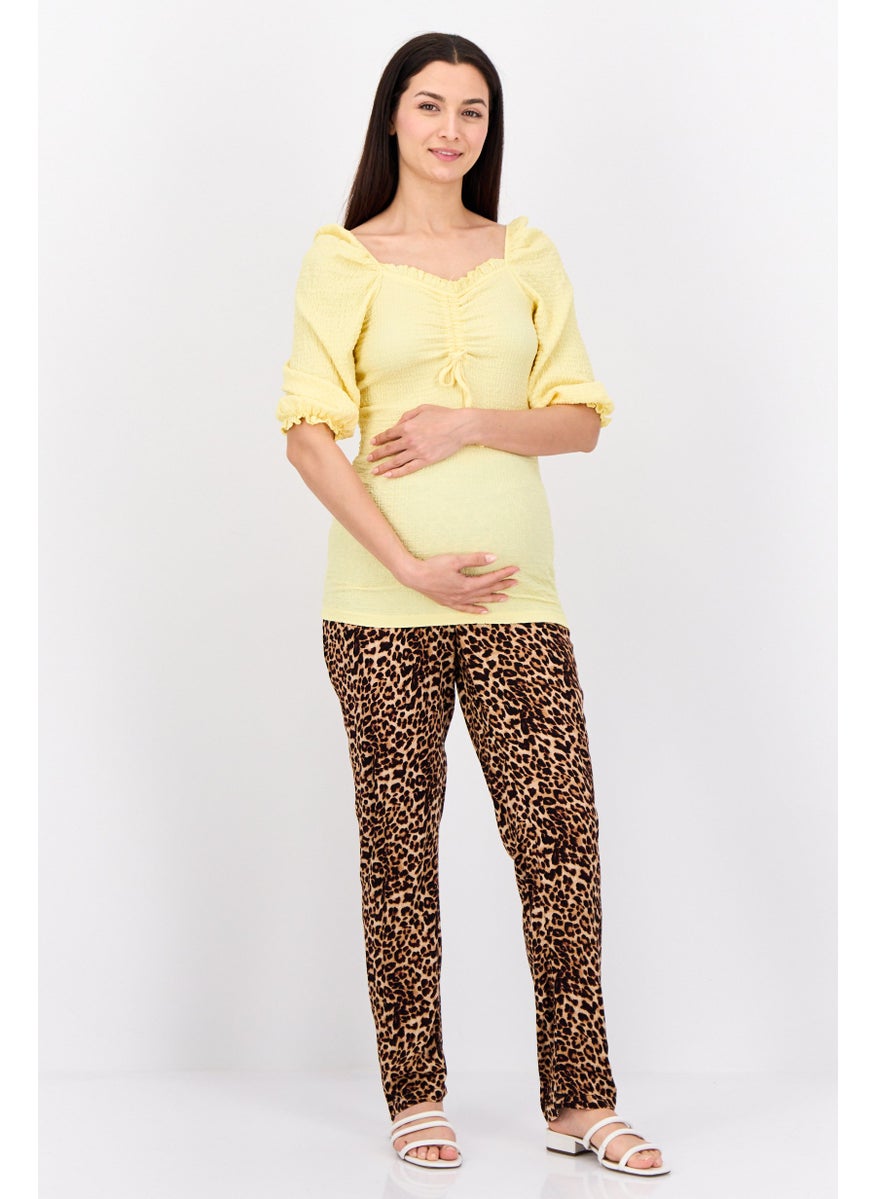 Mamalicious Maternity Square Neck 3/4 Sleeves Textured Blouse, Pale Yellow  - Image 4