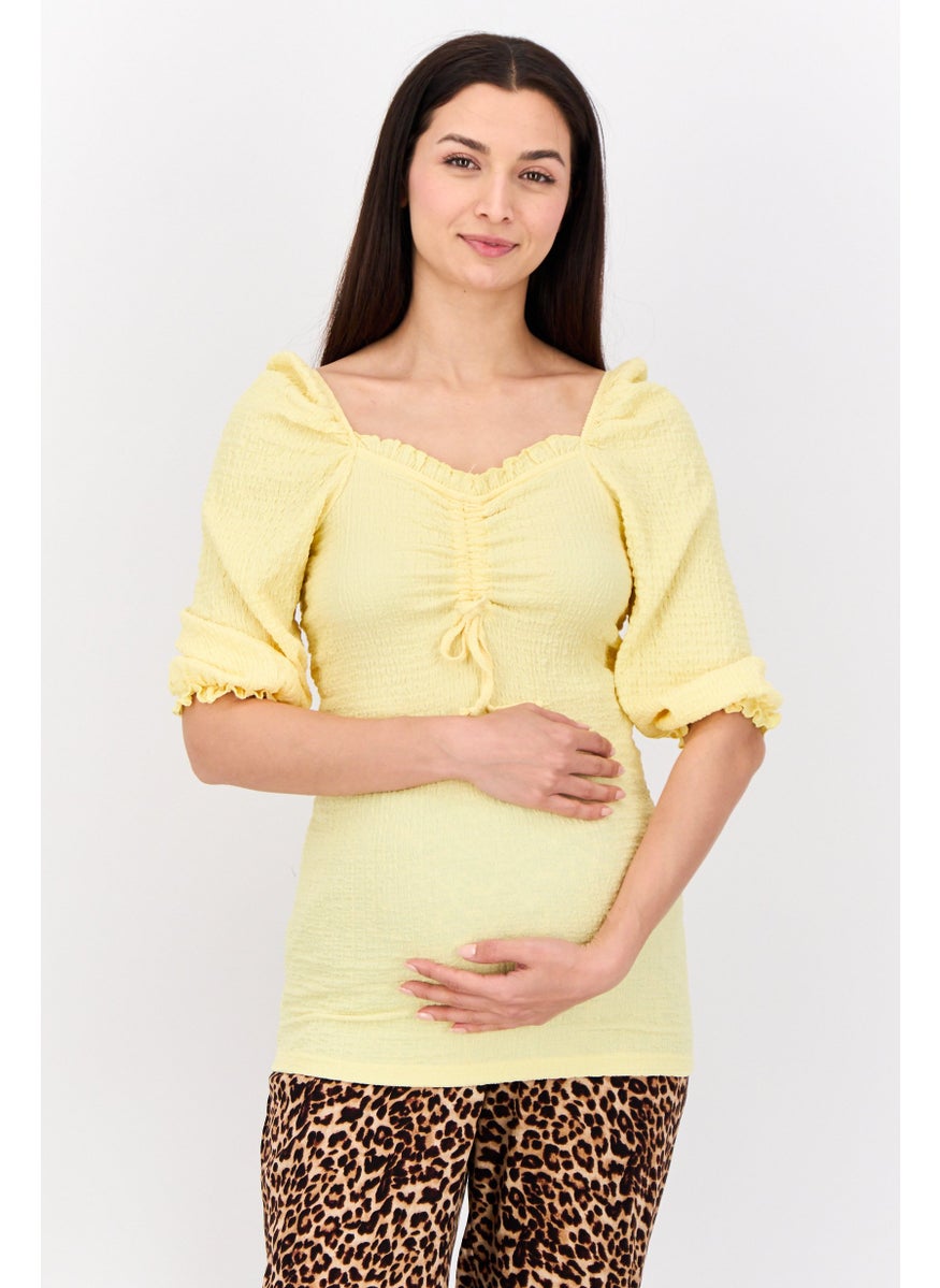 Mamalicious Maternity Square Neck 3/4 Sleeves Textured Blouse, Pale Yellow  - Image 1
