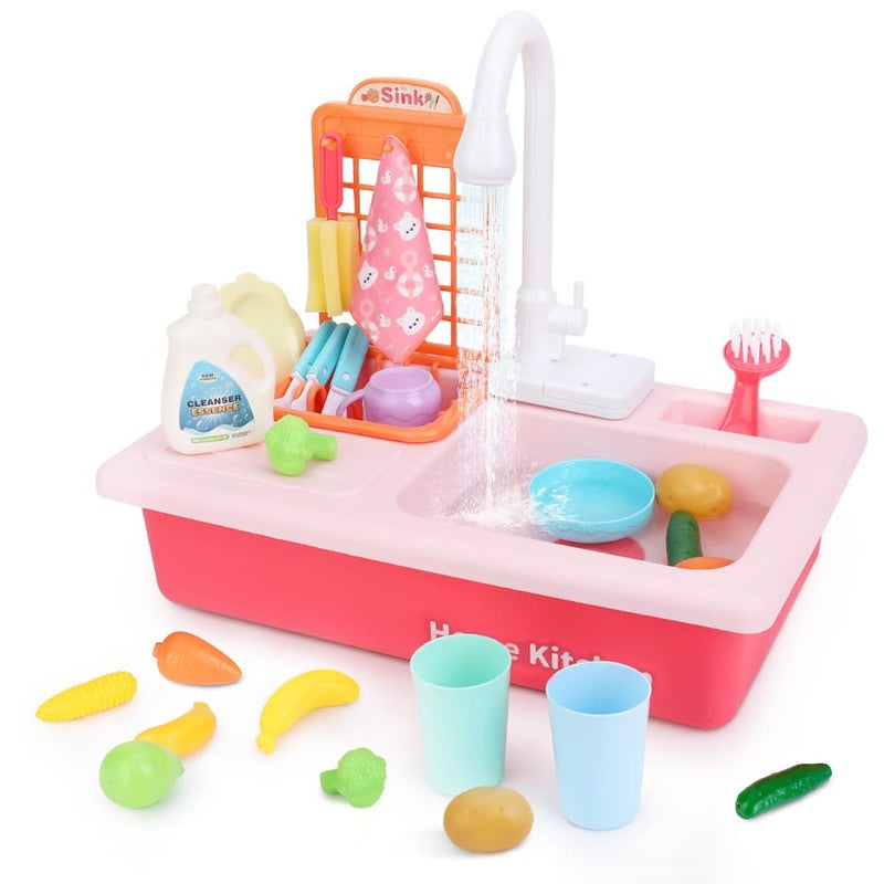 BOBXIN Play Sink with Running Water Kids Pretend Play Kitchen Toy Sink for Toddler Role Play Electric Dishwasher Kitchen Water Toys Set with Upgraded Working Faucet and Dishes Playset for Girl Boy - Image 2