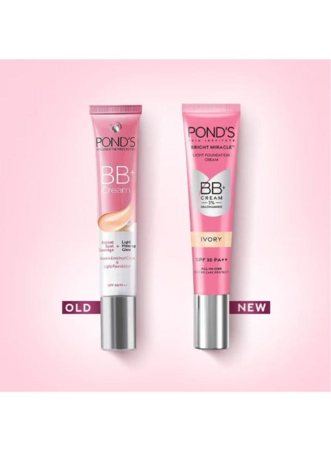 Pond's Bright Miracle Light Foundation BB+ Cream - Ivory 18g | 3% Niacinamide | SPF 30 PA++ | All-in-One Cover Care Protect - Image 2