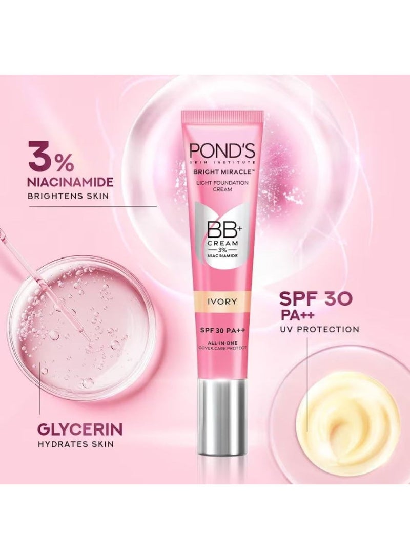 Pond's Bright Miracle Light Foundation BB+ Cream - Ivory 18g | 3% Niacinamide | SPF 30 PA++ | All-in-One Cover Care Protect - Image 5