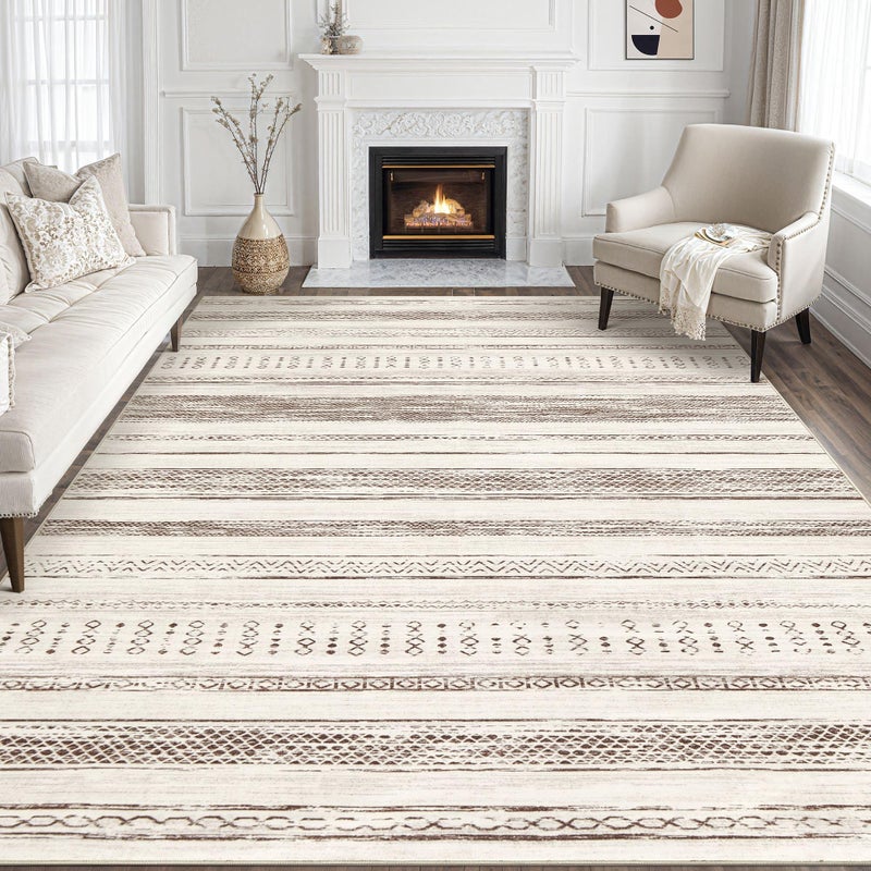 Tortania Area Rug Living Room Rugs - 8x10 Washable Large Soft Neutral Boho Moroccan Bohemian Farmhouse Rug Indoor Floor Carpet for Bedroom Under Dining Table Home Office Decor - Brown Beige - Image 1