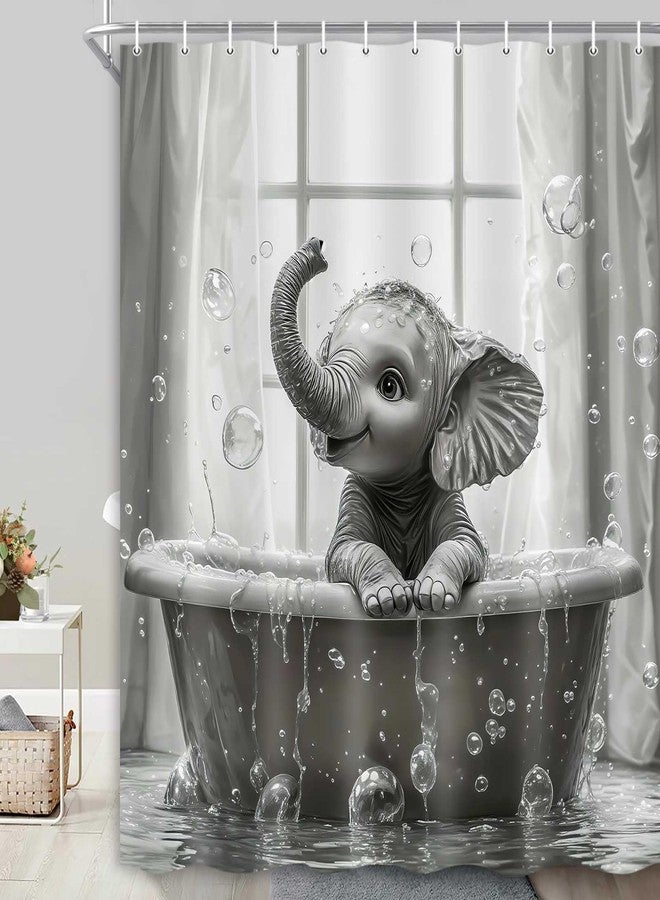Hajmsug Funny Elephant Shower Curtain Cute African Elephant in The Bathtub Bath Taking Bubbles Playing Water Wild Animal on Raindrop Vintage Grey Polyester Fabric Waterproof Bath Curtain 71X71 in - Image 1