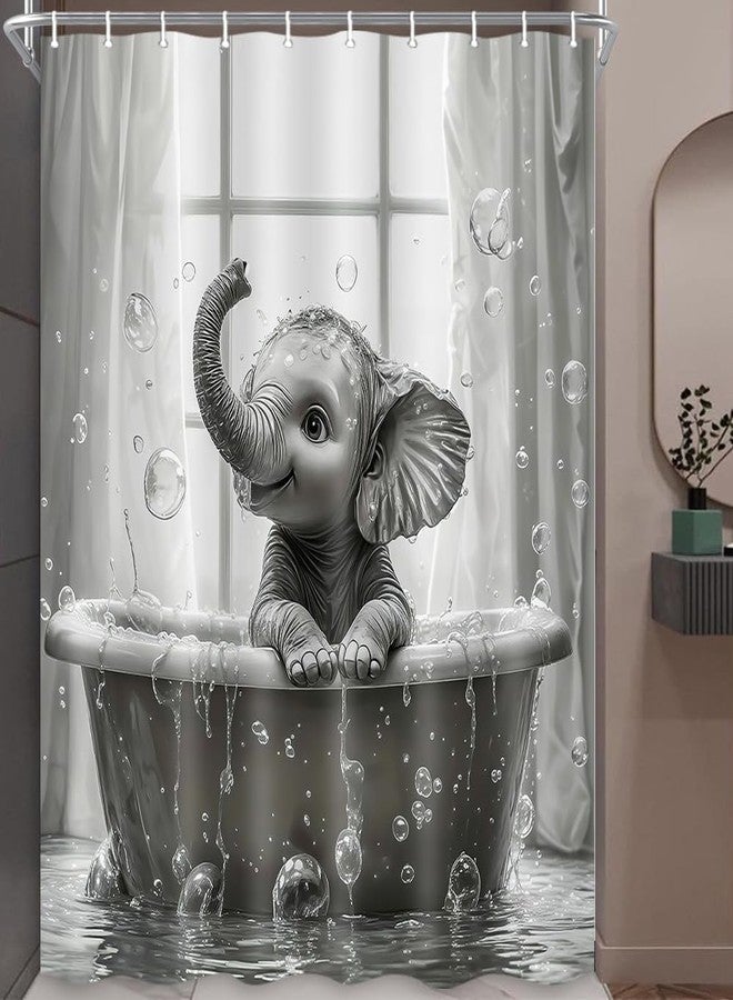 Hajmsug Funny Elephant Shower Curtain Cute African Elephant in The Bathtub Bath Taking Bubbles Playing Water Wild Animal on Raindrop Vintage Grey Polyester Fabric Waterproof Bath Curtain 71X71 in - Image 2