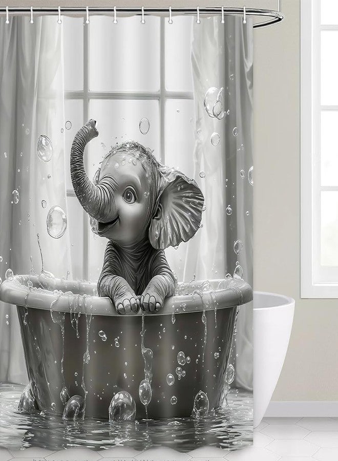 Hajmsug Funny Elephant Shower Curtain Cute African Elephant in The Bathtub Bath Taking Bubbles Playing Water Wild Animal on Raindrop Vintage Grey Polyester Fabric Waterproof Bath Curtain 71X71 in - Image 3