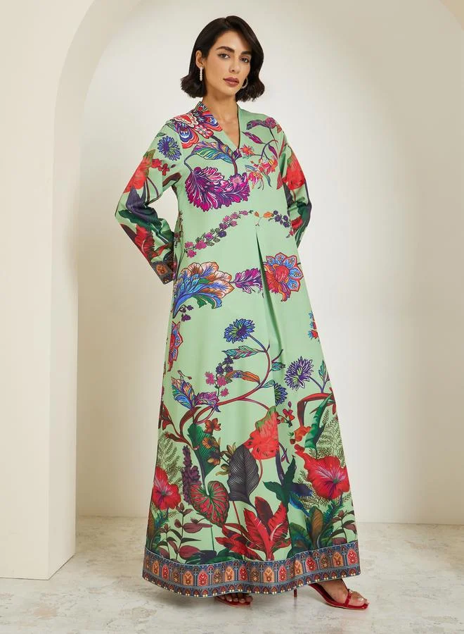 Amirah  Women Green Floral Print A-Line Jalabiya for Women | Best Price UAE