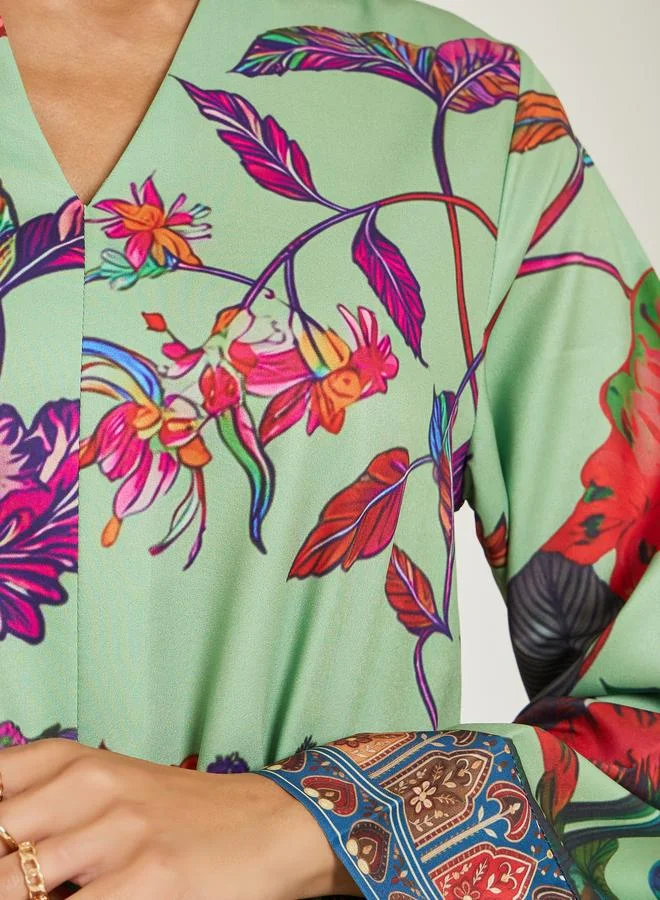 Amirah  Women Green Floral Print A-Line Jalabiya for Women | Best Price UAE