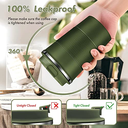 Wosta Travel Mug, Insulated Coffee Cup with Leakproof Lid,Vacuum Insulation Stainless Steel Reusable for Hot Cold Coffee, Non-Slip Protective Cover, (Army Green, 380 Ml) - Image 5