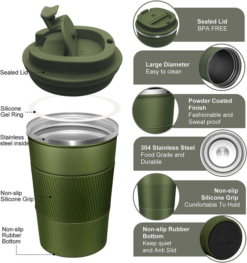 Wosta Travel Mug, Insulated Coffee Cup with Leakproof Lid,Vacuum Insulation Stainless Steel Reusable for Hot Cold Coffee, Non-Slip Protective Cover, (Army Green, 380 Ml) - Image 3