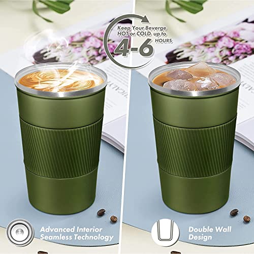 Wosta Travel Mug, Insulated Coffee Cup with Leakproof Lid,Vacuum Insulation Stainless Steel Reusable for Hot Cold Coffee, Non-Slip Protective Cover, (Army Green, 380 Ml) - Image 4