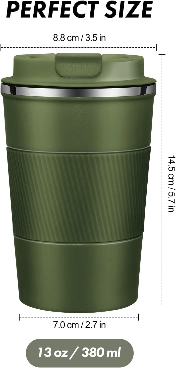 Wosta Travel Mug, Insulated Coffee Cup with Leakproof Lid,Vacuum Insulation Stainless Steel Reusable for Hot Cold Coffee, Non-Slip Protective Cover, (Army Green, 380 Ml) - Image 2