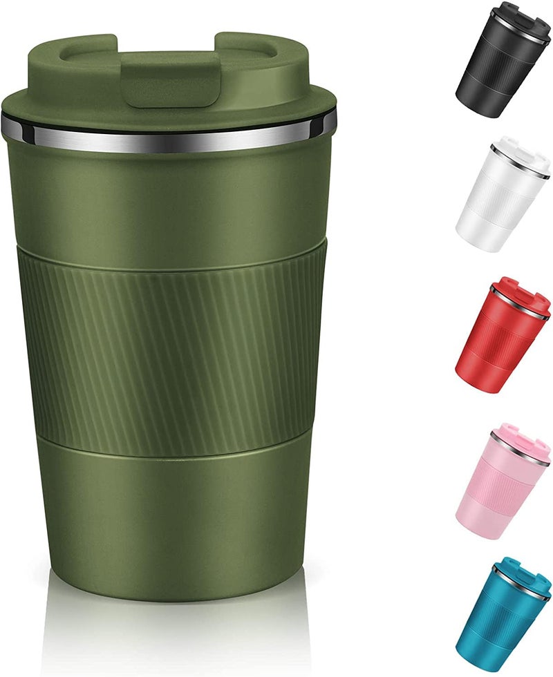 Wosta Travel Mug, Insulated Coffee Cup with Leakproof Lid,Vacuum Insulation Stainless Steel Reusable for Hot Cold Coffee, Non-Slip Protective Cover, (Army Green, 380 Ml) - Image 1