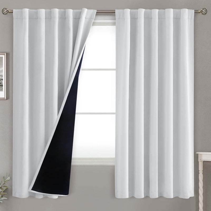 BGment Greyish White 100 Blackout Curtains 63 Inches Long with Noisereducing Liner Rod Pocket and Back Tab Double Layer Room Darkening Window Curtains for Bedroom 2 Panels Each 42 x 63 Inch