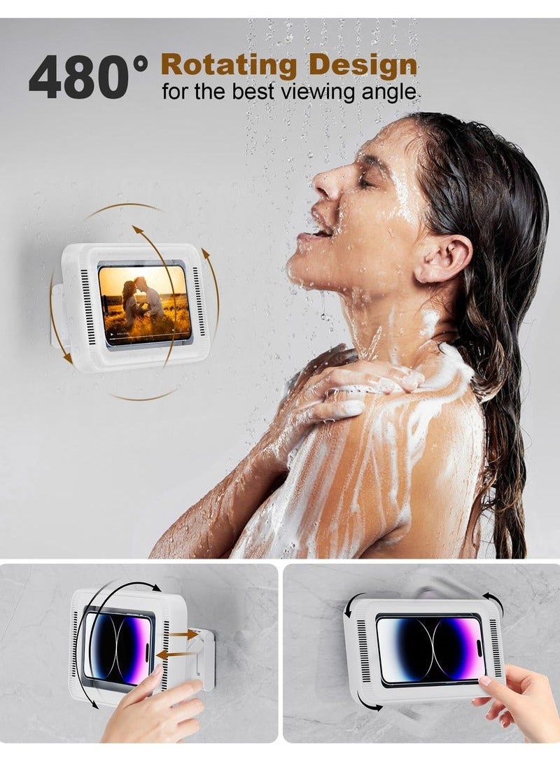 مقاوم للماء للهاتف المحمول دش حامل الهاتف المحمول قابل للتدوير حامل الهاتف المحمول حافظة الهاتف المحمول تصاعد الرف الحمام جدار المطبخ المضادة للضباب هدايا عالية الحساسية للرجال والنساء ، ماكس متاح 6.8 بوصة - Image 4