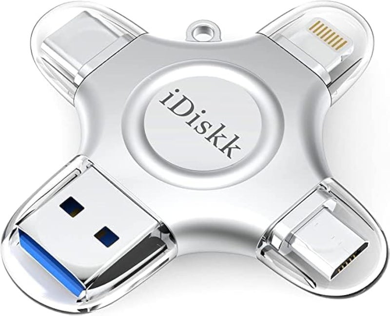 iDiskk محرك فلاش iDiskk بسعة 128 جيجابايت معتمد من MFi لجهاز iPhone 15 و16 وiPad USB 3.0 محرك Lightning 4 في 1 تخزين خارجي متعدد الوظائف لأجهزة iOS وAndroid هواتف سامسونج وأجهزة Type C وماك بوك محرك الصور - Image 1