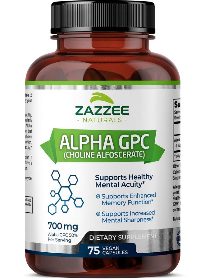 Zazzee Extra Strength Alpha GPC Choline, 700 mg per Serving, 75 Vegan Capsules, 100% Pure Pharmaceutical Grade, 100% Vegetarian, Standardized for Potency and Purity, All-Natural and Non-GMO - Image 1