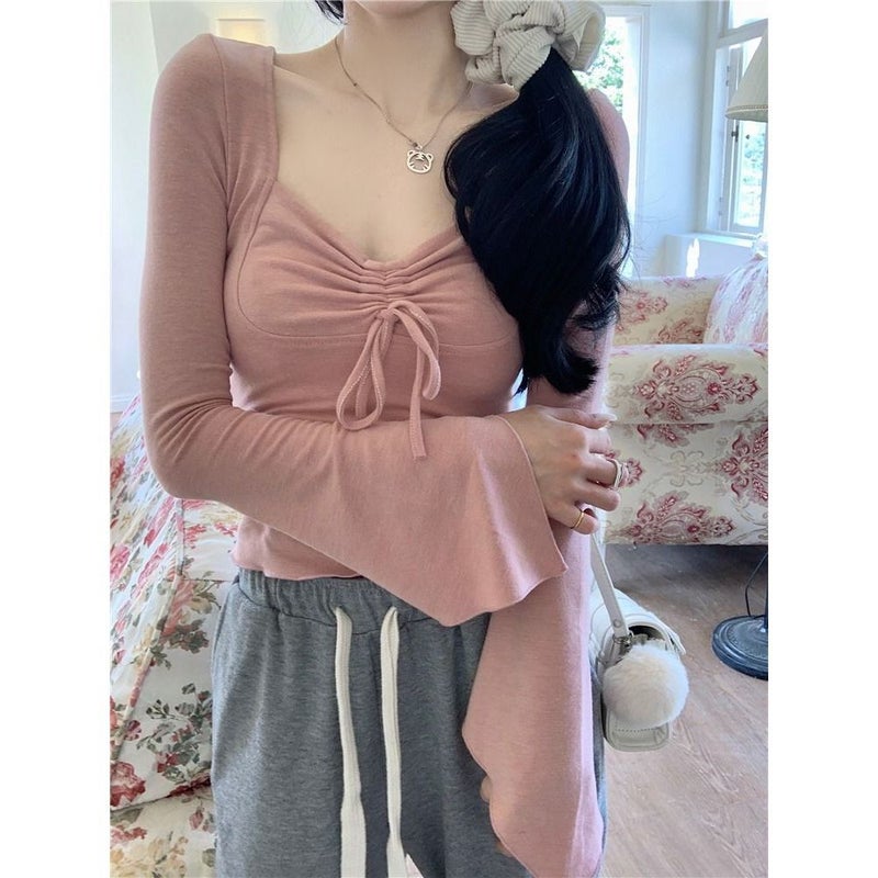 New Lace-Up V-Neck Trumpet Long-Sleeved Base T-Shirt Design Slim-Fit Tight-Waist Slimming Short Top - Image 2