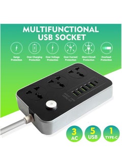 General Power Strips Extension Cords 3 Outlets, Universal Power Socket with 5 USB & 1 Type-C Ports, 2M Bold Extension Cord Plug Adapter for Home, Office, Kitchen  - Image 2