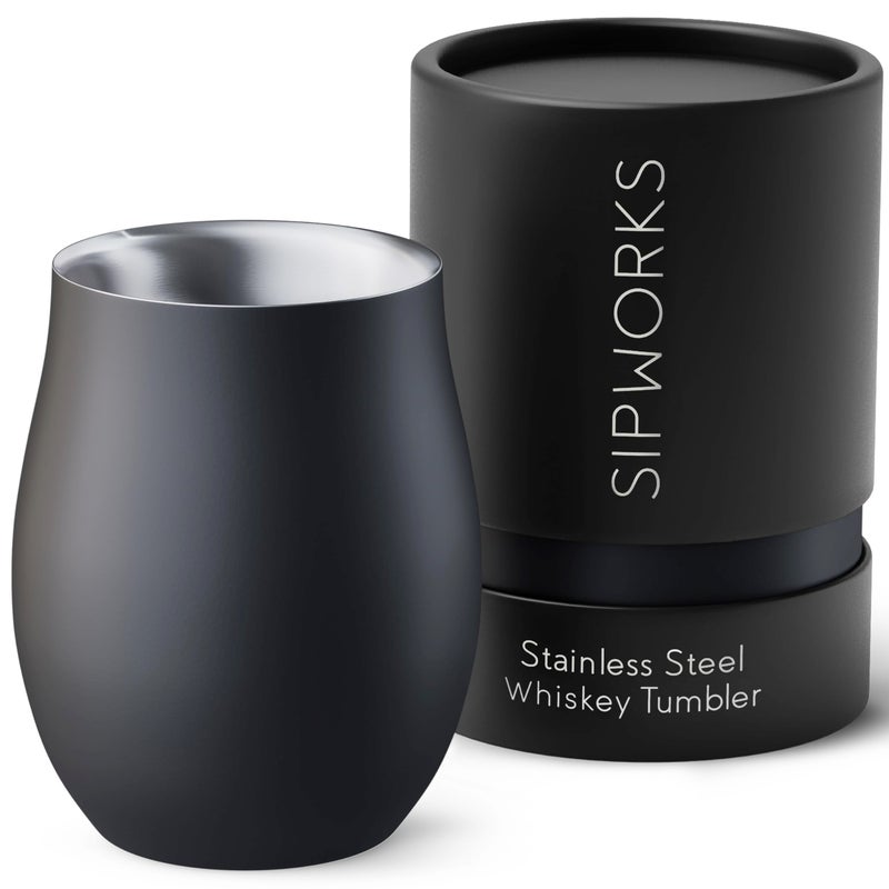 Sipworks Insulated Whiskey Tumbler  8 oz Stainless Steel Bourbon Lowball Tumbler with Double Walled Vacuum Insulation  Spill Resistant Cocktail Nosing Glass Mug  Travel  Parties  Midnight Black