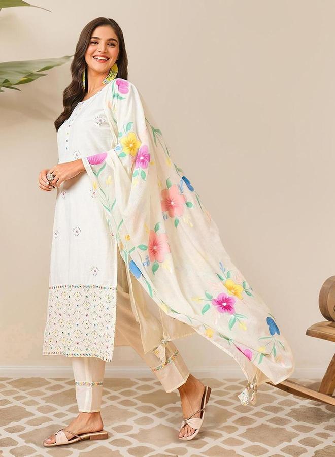 آي شين طقم كورتا وبنطال مع شال بلون أوف وايت بخامة القطن - Image 4