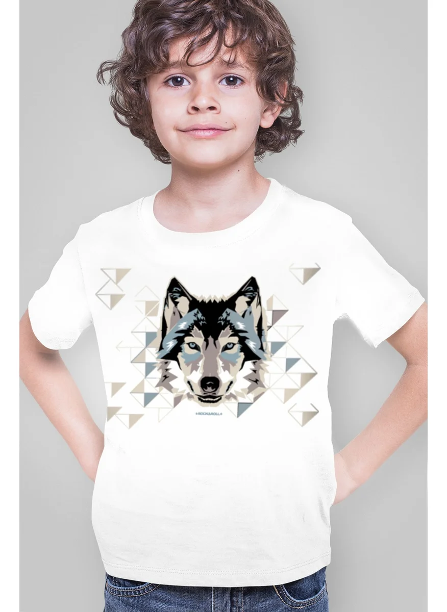 Rock&Roll Geometric Wolf White Short Sleeve Girls Boys Unisex Children's T-Shirt