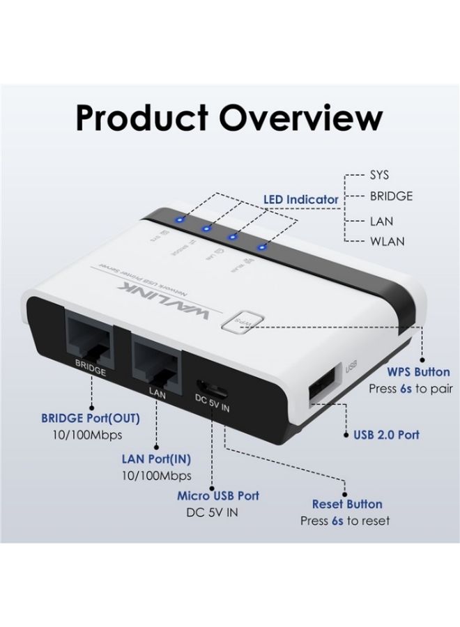 WAVLINK NU516U1 USB2.0 Wireless Printer Server With 10 / 100Mbps LAN / Bridge WiFi(US Plug)