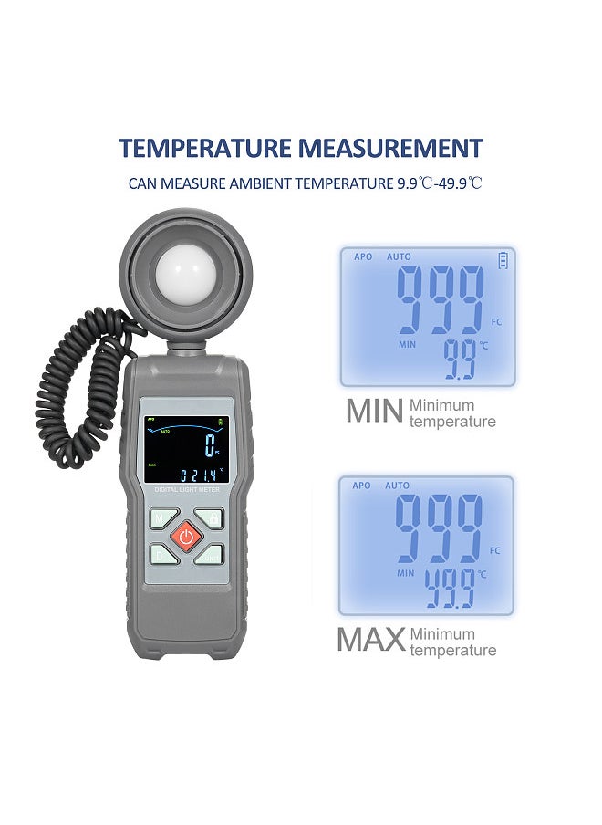 Light Meter Digital Illuminance Meter Handheld Ambient Temperature Measure Range up to 200,000 Lux Luxmeter
