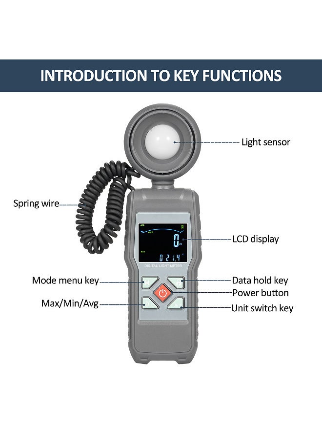 Light Meter Digital Illuminance Meter Handheld Ambient Temperature Measure Range up to 200,000 Lux Luxmeter