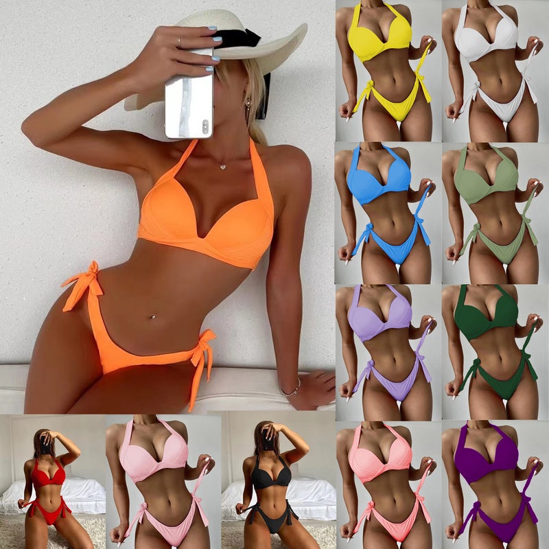 Solid Color Neck bikini Bean Strap Split Hard Cup Wrinkle Swimsuit bikini - Image 2