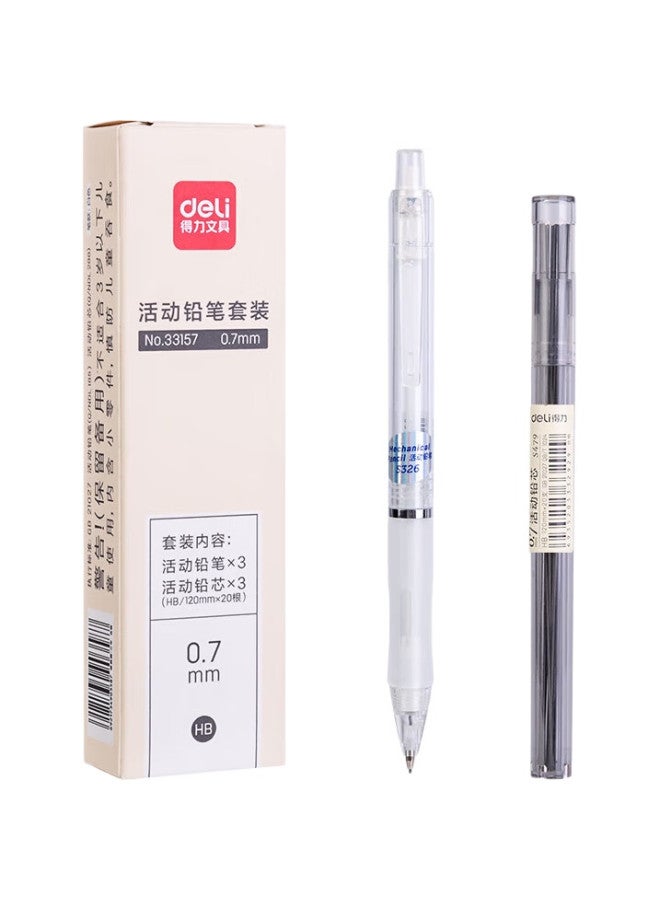 Deli 0.7Mm Mechanical Pencil Set (3 Automatic Pencils, 60 Hb Lead Refills) With Eraser, Suitable For Elementary School Students' Exams And Handwriting Practice, 33157 White - Image 1