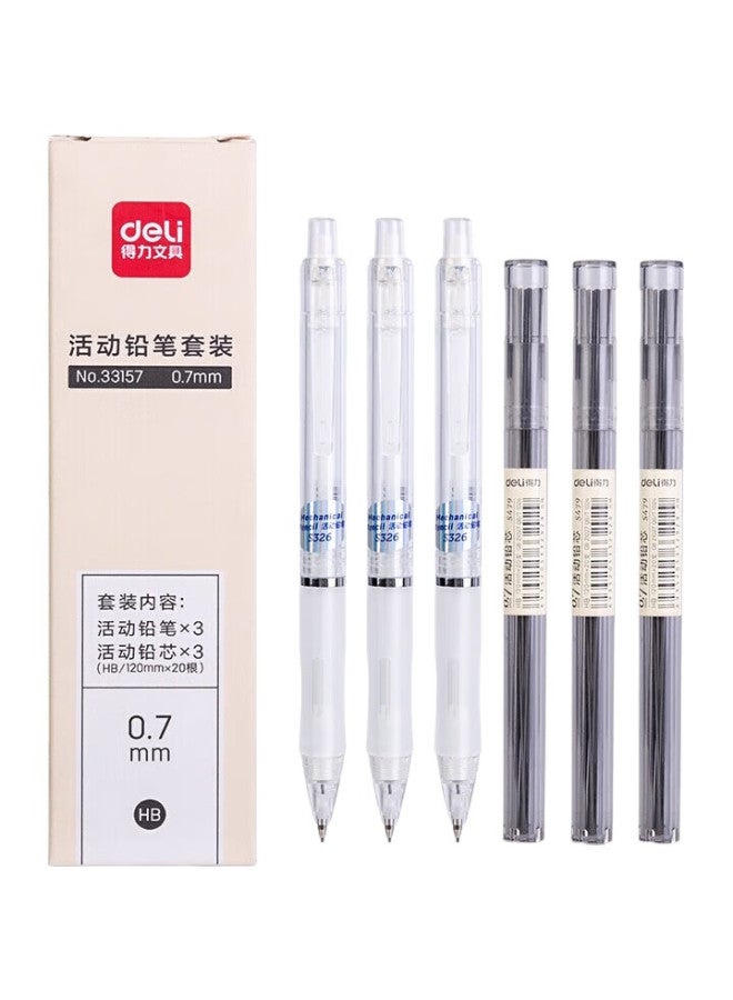 Deli 0.7Mm Mechanical Pencil Set (3 Automatic Pencils, 60 Hb Lead Refills) With Eraser, Suitable For Elementary School Students' Exams And Handwriting Practice, 33157 White - Image 3