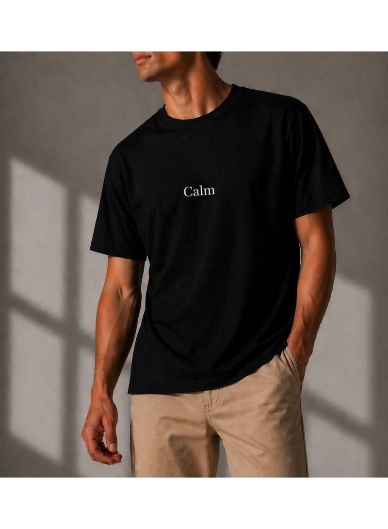 Men's Relax Fit Cotton T-shirt with "Calm" Print - Black - Image 1