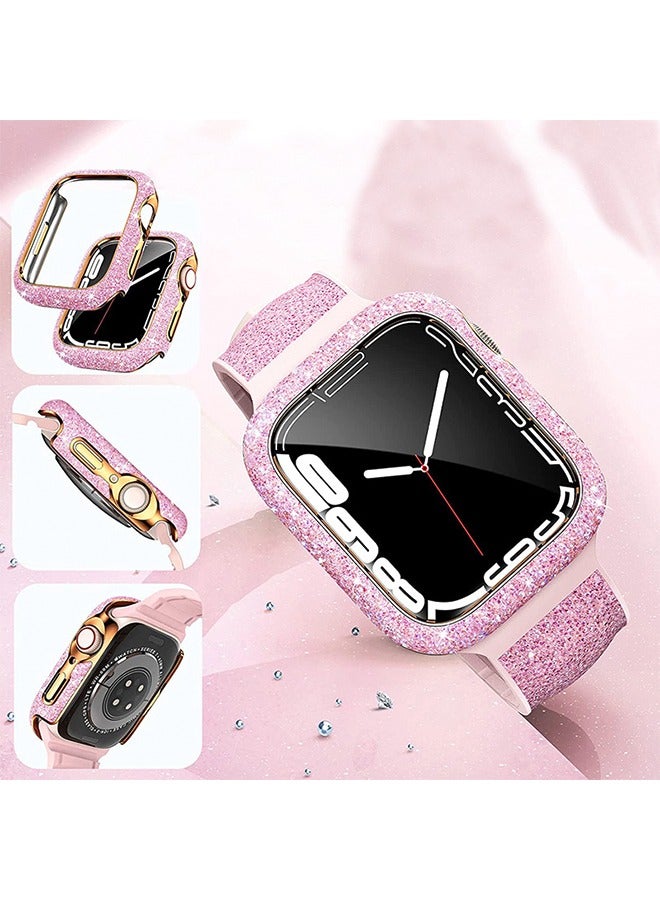 Bling Case for Apple Watch Series 9/8/7 41mm Glitter Rhinestone Diamonds Protective Case with Tempered Glass Screen Protector Cover for iWatch Series 9/Series 8/Series 7 41mm Women Pink/Gold  - Image 4