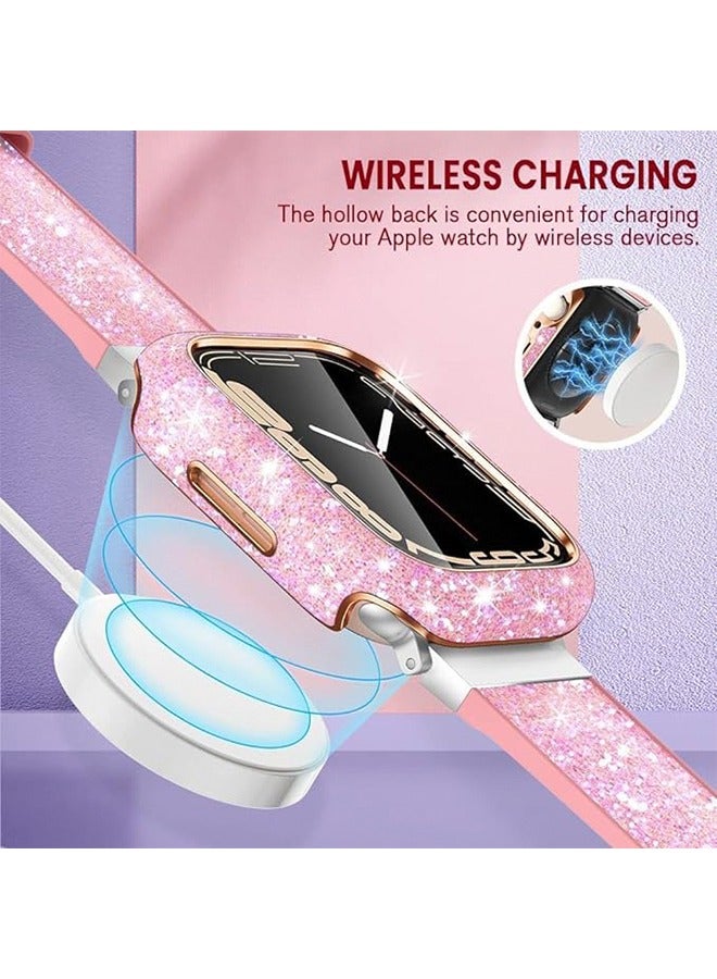 Bling Case for Apple Watch Series 9/8/7 41mm Glitter Rhinestone Diamonds Protective Case with Tempered Glass Screen Protector Cover for iWatch Series 9/Series 8/Series 7 41mm Women Pink/Gold  - Image 3