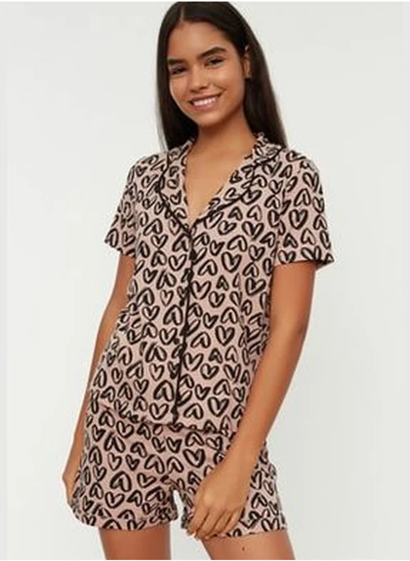trendyol Multicolored Heart Patterned Cotton Shirt-Shorts, Knitted Pajamas Set THMSS21PT0612