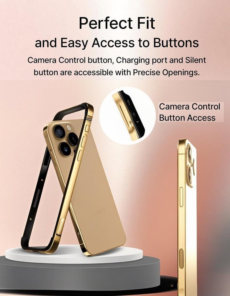 KASTWAVE For Iphone 16 Pro Bumper Case, Aluminum Frame Slim Hard Protective Cover With Soft Inner Bumper, No Back Design, Raised Edge Camera Protection, Support For Magsafe, Wireless Charging Gold - Image 5