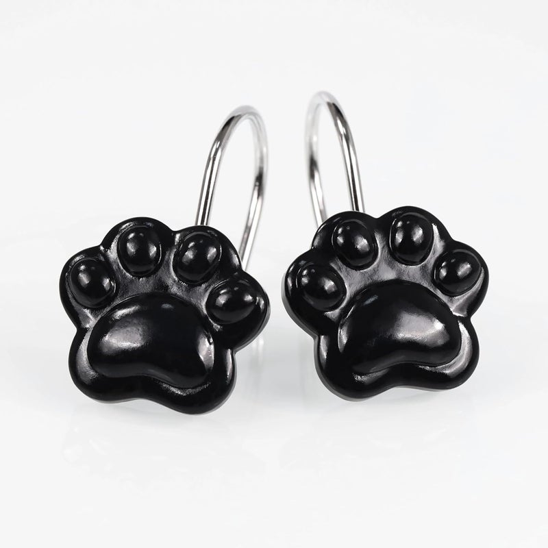 Black Decorative Shower Curtain Hooks: Cute Lovely Funny Cat Dog Bear Animal Paw Print Shower Curtain Rings Hooks & Hangers for Kids Children Bathroom Décor - Set of 12 - Image 1
